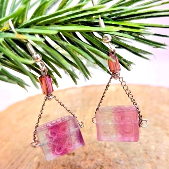 Nature Fluorite  Fret Symbols Block 925 Dangle Earring - Picture 1 of 10